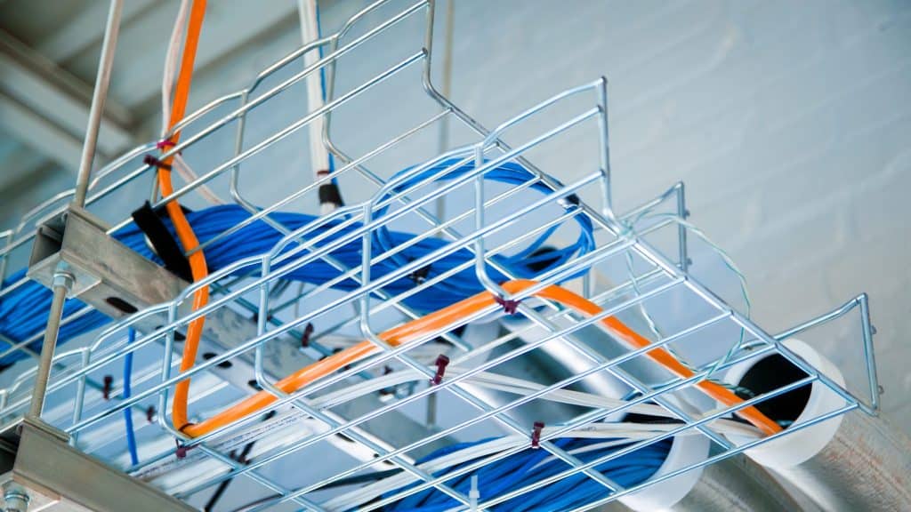 Wires in rack running through office