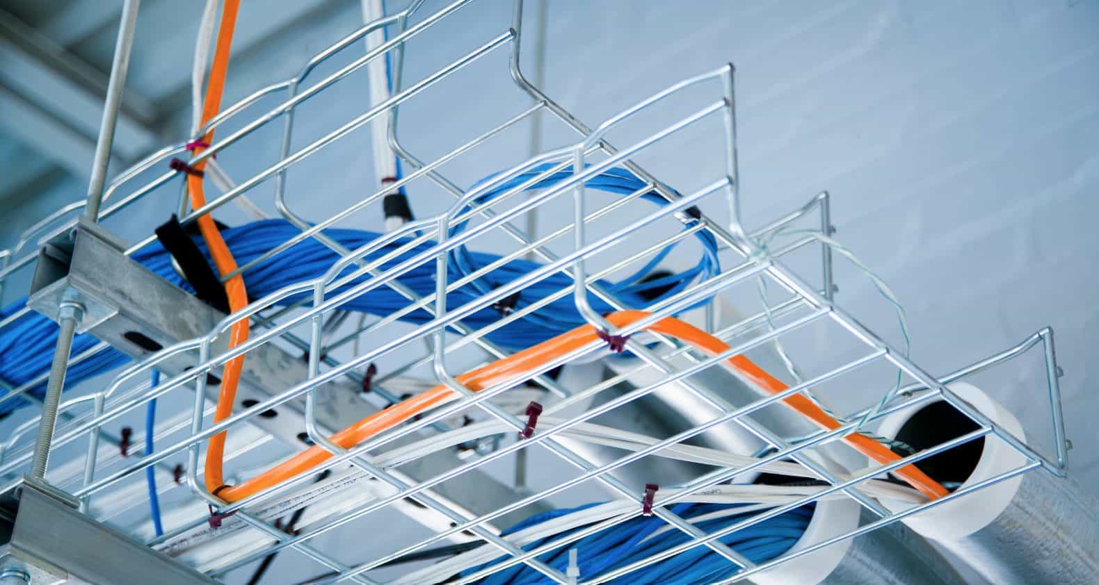 Wires in rack running through office